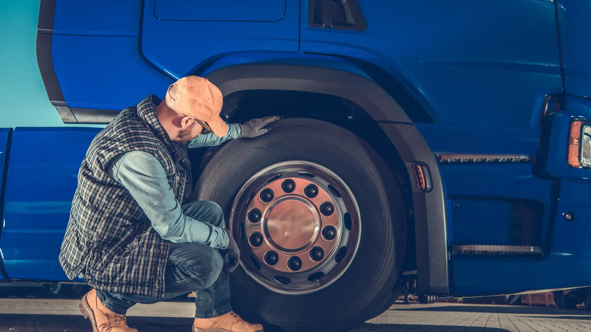 Kierowca ciężarówki sprawdza oponę w niebieskim aucie ciężarowym