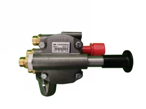 Multi-way, park and release valve for brake systems with EBS with flow valve